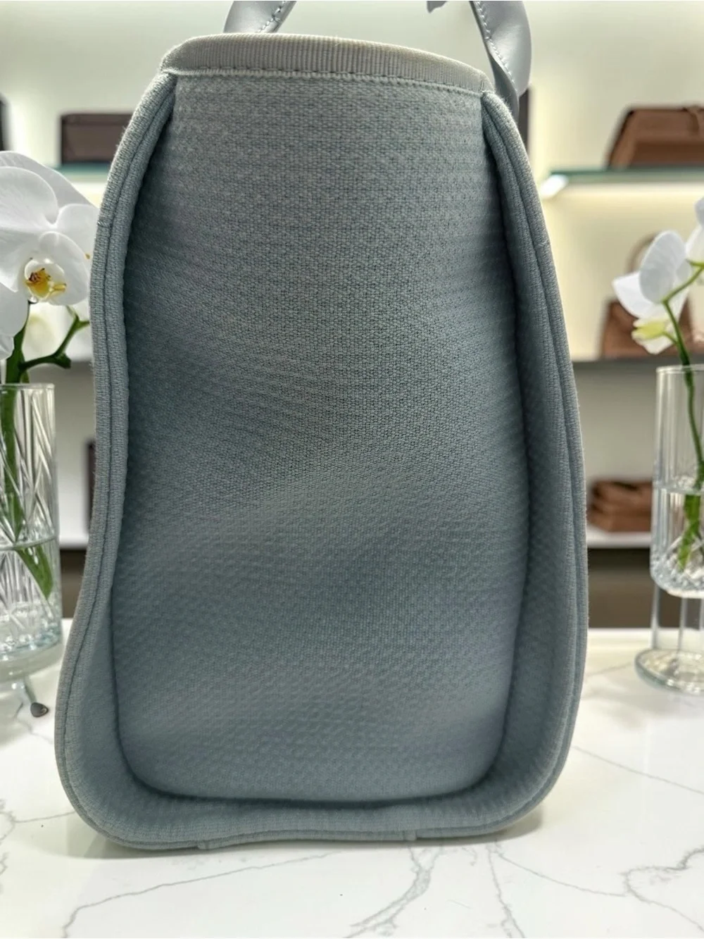 CHANEL Light Blue Canvas Tote with Chain-Strap Details
